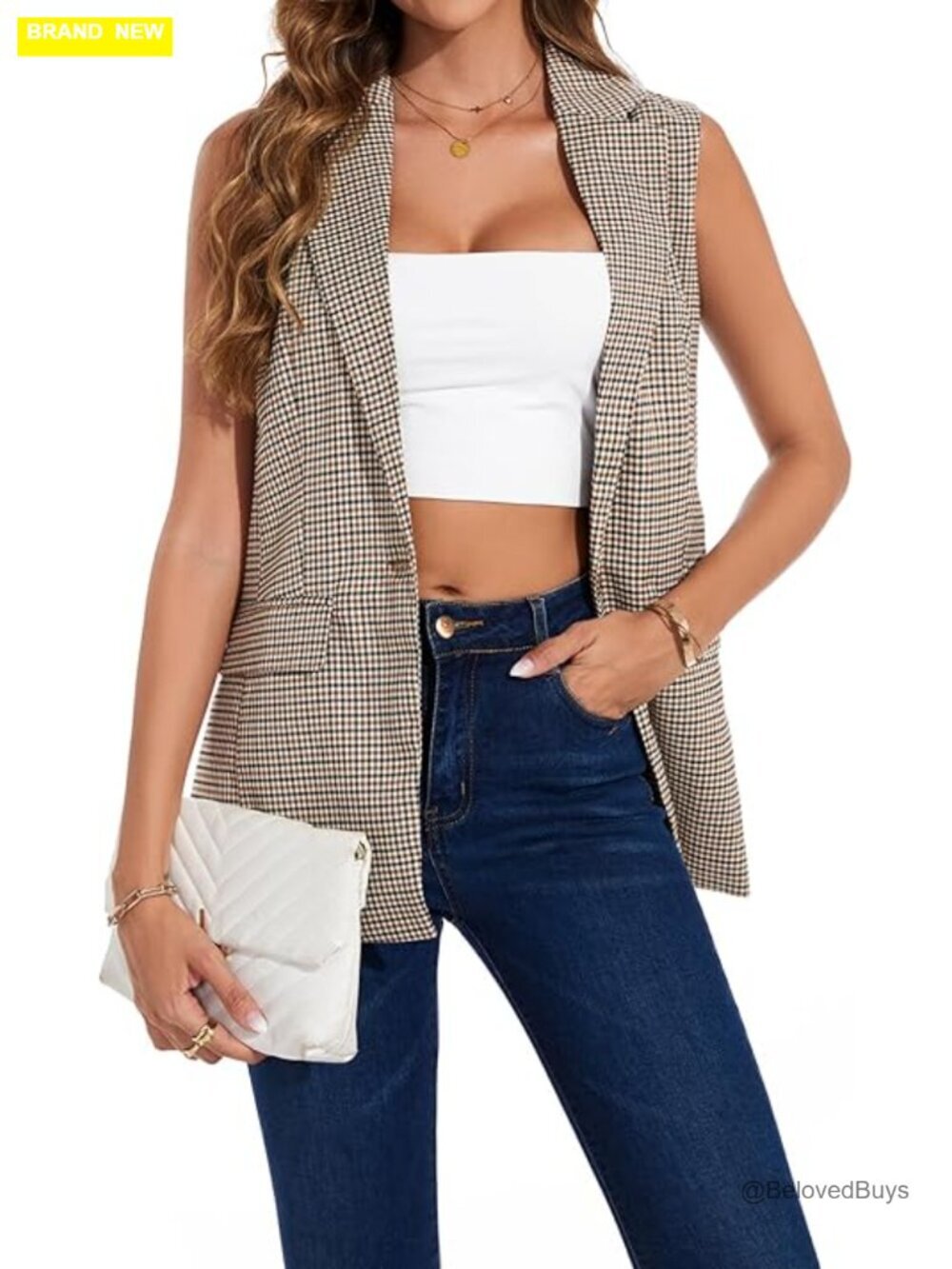 Sleeveless Blazer Vest Fully Lined Notched Lapel Button Front Long Vest with